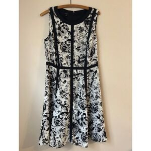 Talbots Black White Floral Sleeveless Knee Length Fit Flare Dress Size 8 Garden